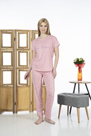 Estiva 24109 Kadın Kalp Desenli Kısa Kollu Yazlık Viskon Pijama Takımı