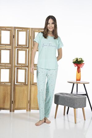 Estiva 24109 Kadın Kalp Desenli Kısa Kollu Yazlık Viskon Pijama Takımı