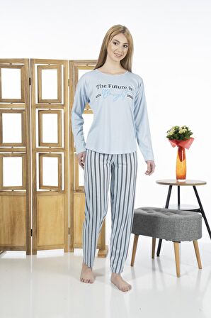 Estiva 24118 Kadın Çizgili Uzun Kollu Yazlık Viskon Pijama Takımı