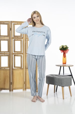 Estiva 24118 Kadın Çizgili Uzun Kollu Yazlık Viskon Pijama Takımı