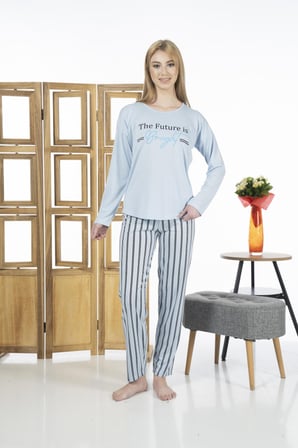 Estiva 24118 Kadın Çizgili Uzun Kollu Yazlık Viskon Pijama Takımı