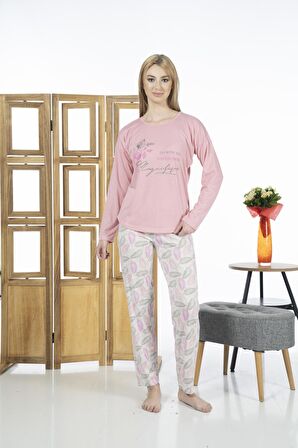 Estiva 24119 Kadın Yaprak Desenli Uzun Kollu Yazlık Viskon Pijama Takımı