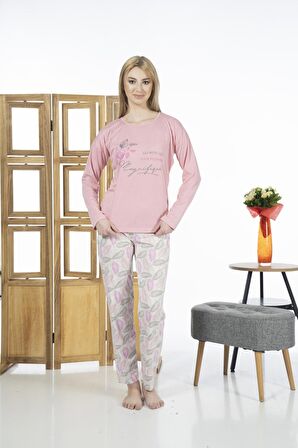 Estiva 24119 Kadın Yaprak Desenli Uzun Kollu Yazlık Viskon Pijama Takımı
