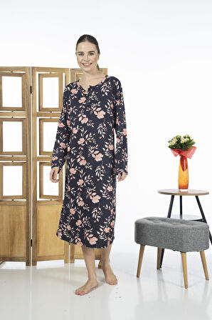 Estiva 23246-2 Üstten Düğmeli Uzun Kollu Desenli Likra Viskon Günlük Elbise