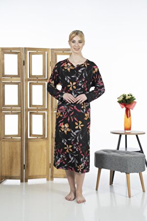 Estiva 23246-4 Üstten Düğmeli Uzun Kollu Desenli Likra Viskon Günlük Elbise