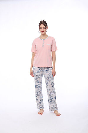 Pijadore 1444 Kadın Çiçekli Cepli Kısa Kollu Pijama Takım