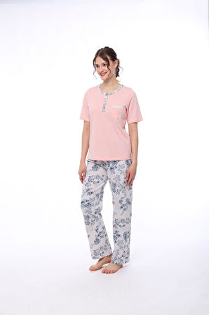 Pijadore 1444 Kadın Çiçekli Cepli Kısa Kollu Pijama Takım