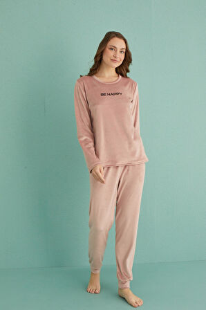 Gd Goldoremi 13165-9 Kadın Be Happy Kadife Manşetli Pijama Takım
