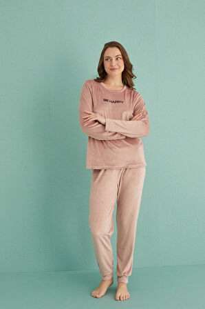 Gd Goldoremi 13165-9 Kadın Be Happy Kadife Manşetli Pijama Takım