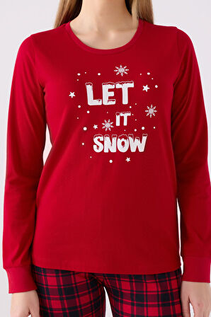 Arnetta 3105 Noel Kadın Let İt Snow Ekose Kırmızı Uzun Kol Pijama Takım