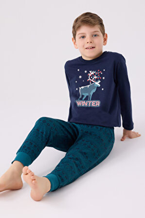 Arnetta 3165 Noel Winter Erkek Çocuk Lacivert Uzun Kol Pijama Takım