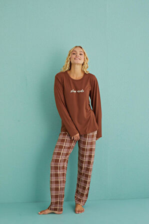Gd Goldoremi 50902-53 Kadın Sleep Mode Ekose Uzun Kollu Pijama Takım