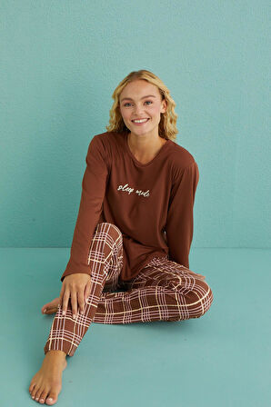 Gd Goldoremi 50902-53 Kadın Sleep Mode Ekose Uzun Kollu Pijama Takım