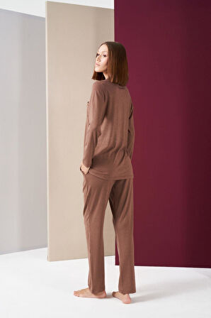 Pjs 26032 Kadın Boydan Düğmeli Patlı Uzun Kol Pijama Takım