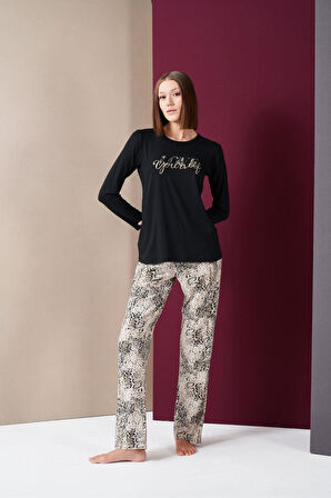 Pjs 26020 Kadın Love Yourself Yuvarlak Yaka Leopar Desen Uzun Kol Pijama Takım