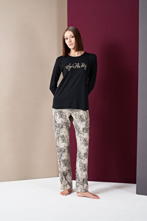 Pjs 26020 Kadın Love Yourself Yuvarlak Yaka Leopar Desen Uzun Kol Pijama Takım