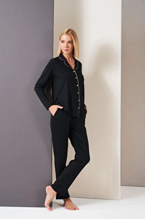 Pjs 26035 Gorgeous Kadın Düğmeli Biyeli Cepli Uzun Kol Pijama Takım