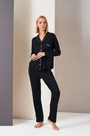 Pjs 26035 Gorgeous Kadın Düğmeli Biyeli Cepli Uzun Kol Pijama Takım