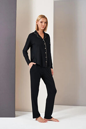 Pjs 26035 Gorgeous Kadın Düğmeli Biyeli Cepli Uzun Kol Pijama Takım