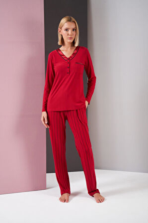 Pjs 26001 Kadın Saten Düğmeli Yaka Cepli Uzun Kollu Pijama Takım