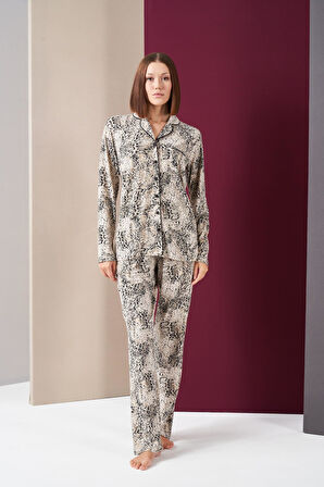 Pjs 26021 Kadın Önden Düğmeli Patlı Leopar Desenli Uzun Kollu Pijama Takım