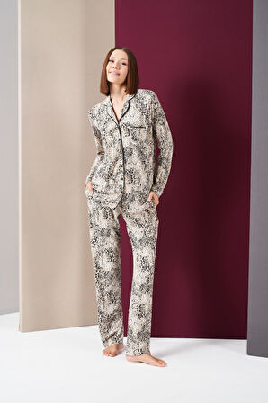 Pjs 26021 Kadın Önden Düğmeli Patlı Leopar Desenli Uzun Kollu Pijama Takım