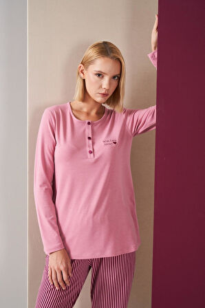 Pjs 26008 With Love Always Kadın Patlı Çizgili Uzun Kollu Pijama Takım