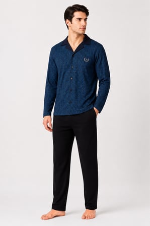 Gd Goldoremi Premium Erkek Pamuklu Rahat Kalıp Desenli Boydan Düğmeli Uzun Kollu Pijama Takım
