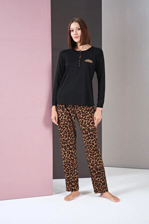 Pjs 26004 Kadın Uzun Kol Leopar Desenli Pijama Takım