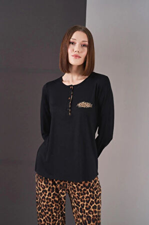 Pjs 26004 Kadın Uzun Kol Leopar Desenli Pijama Takım