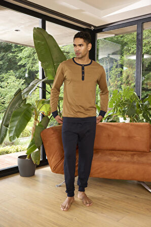 Kly 9268 Erkek Düğmeli Yaka Manşetli Uzun Kol Pijama Takım