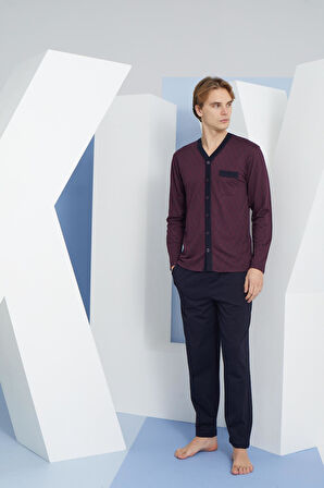 Kly 9252 Erkek V Yaka 4 Mevsim Boydan Düğmeli Uzun Kollu Pijama Takım