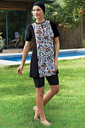 Ruko Maio 2426-4 Desenli Fermuarlı Yarım Kol Likralı Su İtici Ve Çabuk Kuruyan Kumaş Tesettür Mayo