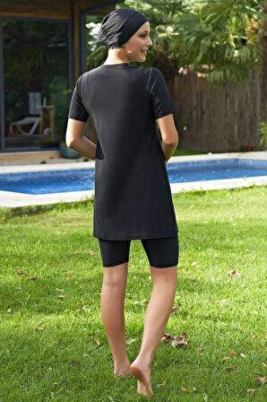 Ruko Maio 2426-4 Desenli Fermuarlı Yarım Kol Likralı Su İtici Ve Çabuk Kuruyan Kumaş Tesettür Mayo