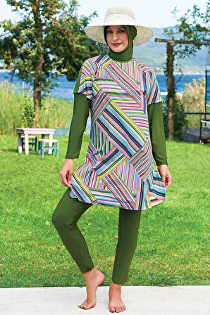 Ruko Maio 2411-1 Desenli Lycra Su İtici ve Çabuk Kuruyan Kumaş Tesettür Mayo