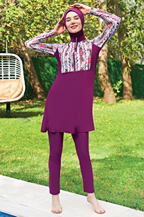 Ruko Maio 2405-3 Mor Desenli Yarım Fermuarlı Reglan Kol Likralı Su İtici ve Çabuk Kuruyan Kumaş Tesettür Mayo