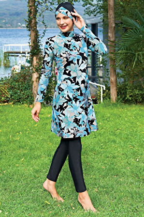 Ruko Maio 2431-6 Büyük Beden Desenli Likralı Su İtici ve Çabuk Kuruyan Kumaş Tam Tesettür Mayo