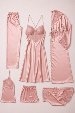 Pierre Cardin Premium Kadın Kutulu Saten 6'lı Gelin Pijama Gecelik Şort Çeyiz Seti