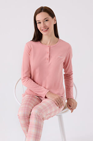 Pierre Cardin Paris 8918 Kadın Ekose Desen Düğmeli Yaka Uzun Kol Pijama Takım