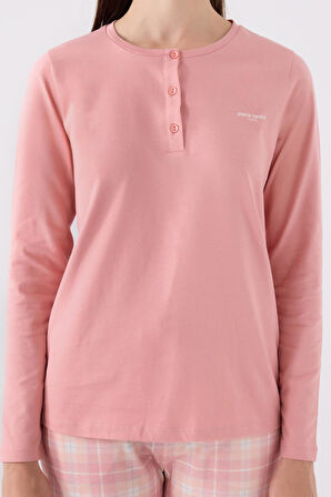 Pierre Cardin Paris 8918 Kadın Ekose Desen Düğmeli Yaka Uzun Kol Pijama Takım