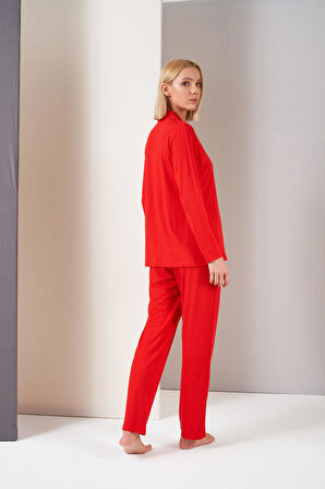 Pjs Kadın Gömlek Yaka Önden Düğmeli Uzun Kollu Pijama Takım