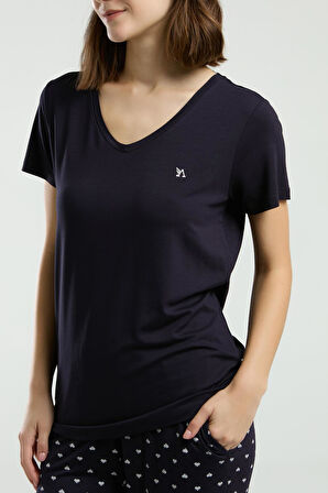 Arnetta 3225 Kadın V Yaka Kısa Kol Lacivert Puantiye Kapri Pijama Takım