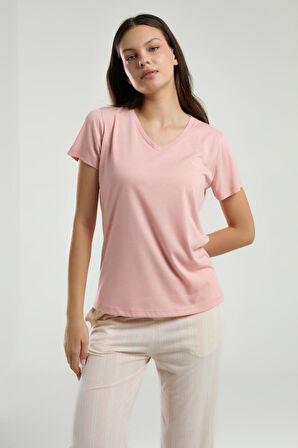 Arnetta 3221 Büyük Beden Kadın V Yaka Kısa Kollu Kapri Çizgili Pijama Takım