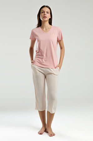 Arnetta 3221 Büyük Beden Kadın V Yaka Kısa Kollu Kapri Çizgili Pijama Takım