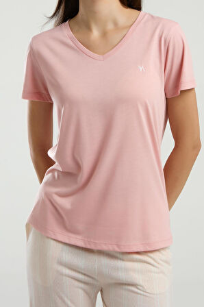 Arnetta 3221 Büyük Beden Kadın V Yaka Kısa Kollu Kapri Çizgili Pijama Takım