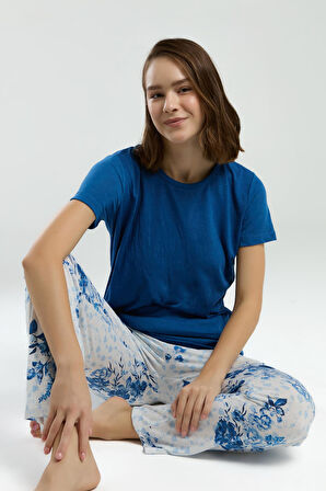 Pierre Cardin Kadın Saks Bisiklet Yaka Kısa Kol Desenli Pijama Takım