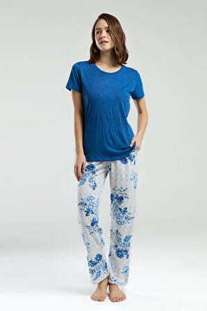 Pierre Cardin Kadın Saks Bisiklet Yaka Kısa Kol Desenli Pijama Takım