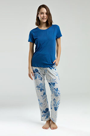 Pierre Cardin Kadın Saks Bisiklet Yaka Kısa Kol Desenli Pijama Takım