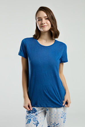 Pierre Cardin Kadın Saks Bisiklet Yaka Kısa Kol Desenli Pijama Takım