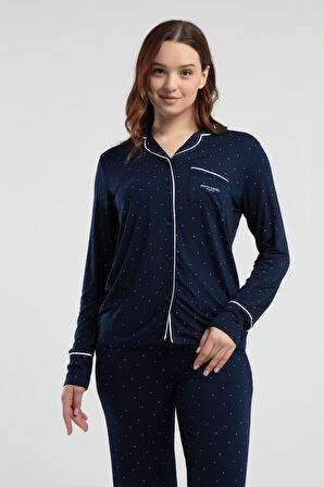Pierre Cardin 8986 Kadın Lacivert Gömlek Yaka Önden Düğmeli Cepli Pijama Takım